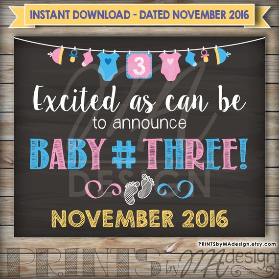 Baby Number 3 Announcement Photo Prop 3rd by PRINTSbyMAdesign