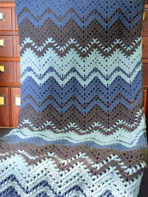 Crocheted Blue and Gray Rippled Lace Afghan