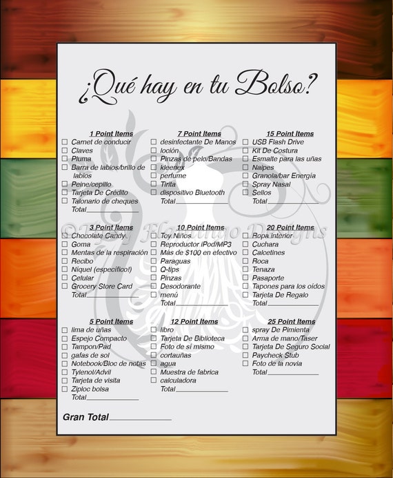 UNIQUE SPANISH Bridal Shower Game What's in Your