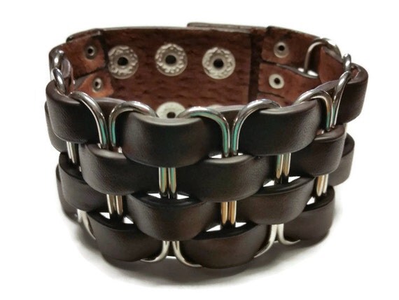 Brown Leather Platinum Plated Metal Wrap Bracelet Gift For Him