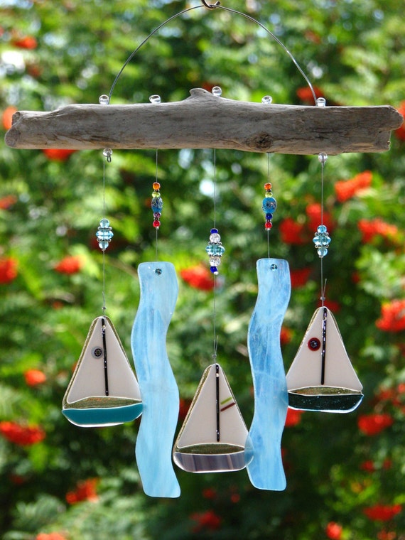 Fused Glass Sailboat Wind Chime with Driftwood