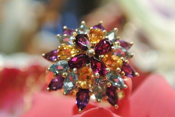 Gemstone Cocktail Ring Teardrop Pear Shape Layered Stones Estate Ring Vermeil Multi Color Garnet Citrine Topaz Amethyst Gemstones Size 8