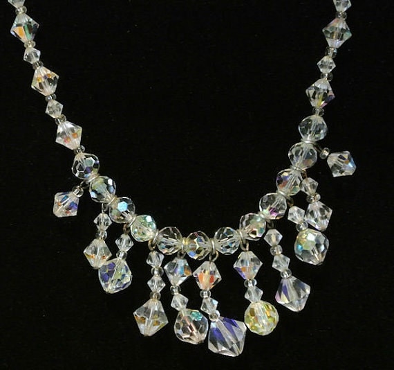 Crystal Choker Bib Necklace AB Aurora Borealis Rhinestone Crystals 1950s Mid Century Vintage Hollywood Wedding Bridal Bride Formal Evening