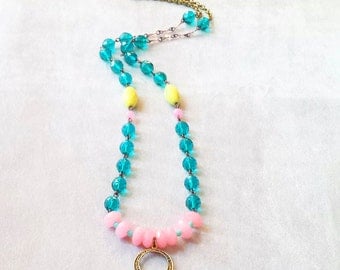 Colorful bohemian gemstone crystal beaded necklace, Emerald pink long gypsy necklace, boho chic necklace, graduation gift, gift for her