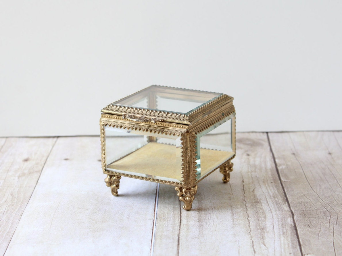 Brass and Heavy Beveled Glass Box / Gold and Glass Jewelry Box