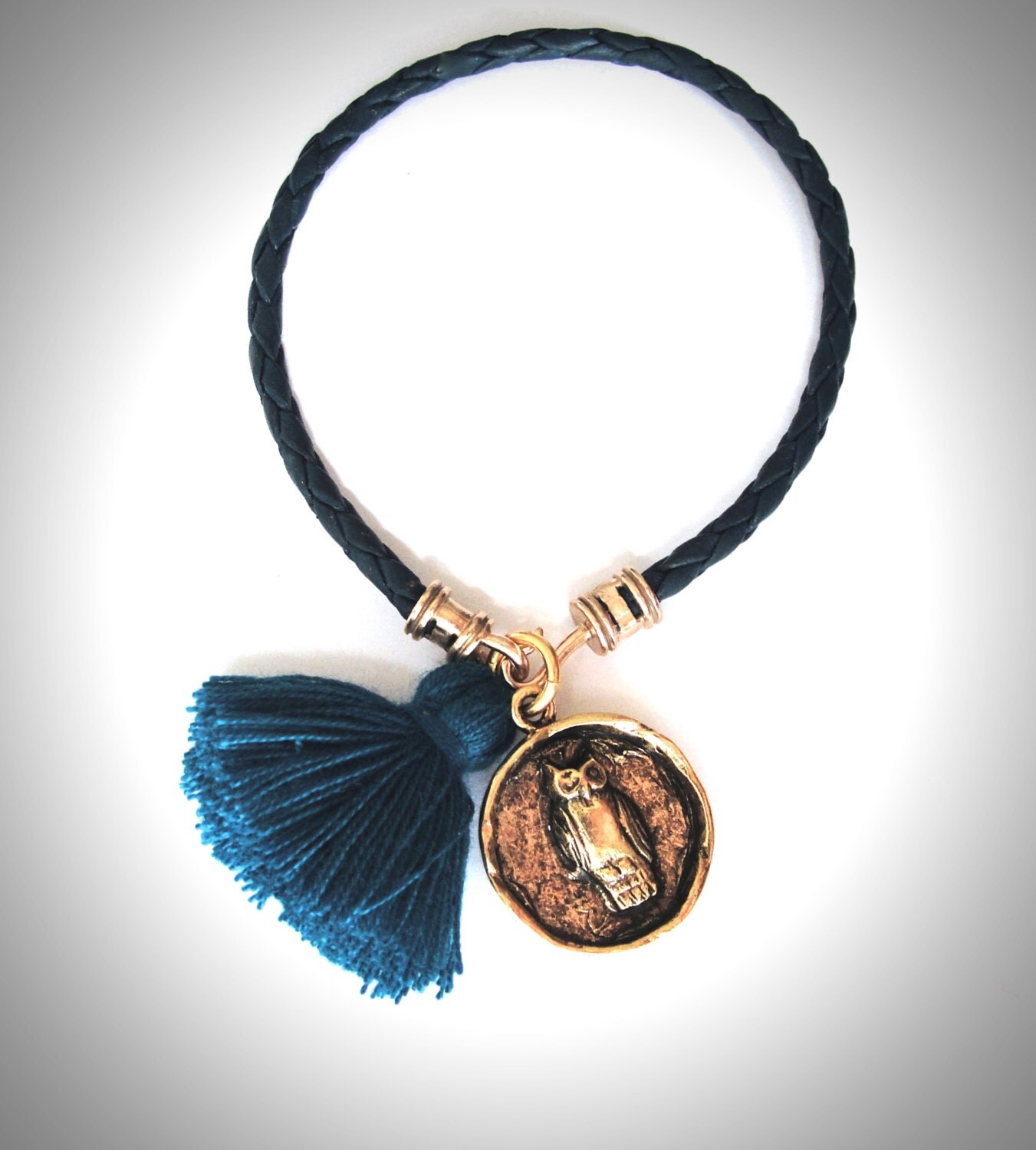 Owl bracelet on Dark Teal Leather Owl bracelet by JewelryByMaeBee