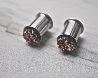 Stainless Steel Rose Gold Druzy Plugs Hypoallergenic 0g