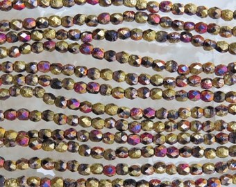 4mm Faceted 2 Tone Gold and Glitz Etched Firepolish Czech Glass Beads - Qty 50 (DW131)