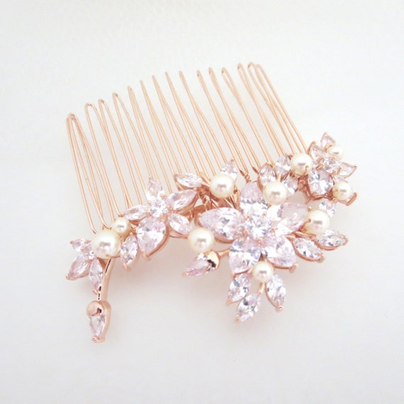 Rose Gold hair comb, Bridal hair comb, Crystal flower headpiece, Pearl ...