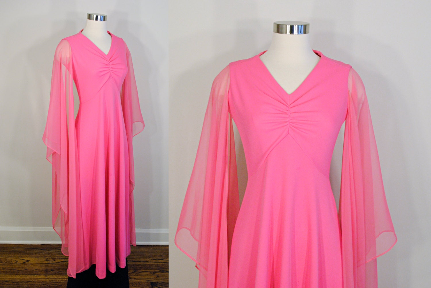 1960s Chiffon Evening Dress pink sheer overlay cape scarf