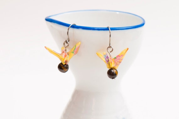 Origami earrings crane in yellow paper with tiger by TheGreenBunny