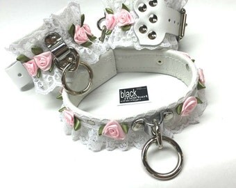 Sissy Maid or Daddy's Babydoll DDLG Bondage Leather BDSM Collar Restraints Set Lockable White & PINK