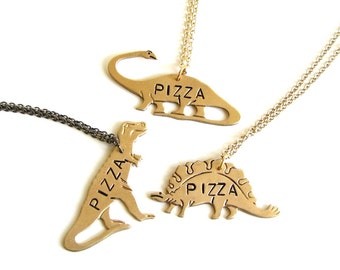 pizza necklace . trex necklace . stegosaurus necklace . brontosaurus necklace . hand stamped, pick your pizzasaurus