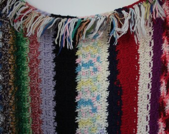 Vintage 1970s Crochet Fringe Blanket // 60's 70's Multicolor Afghan Blanket with colourful fringe