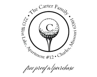 Custom Return Address Rubber Stamp Featuring a Golf Ball and Tee with Single Initial Monogram (20298) 2" Mounted with Handle or Self-inking