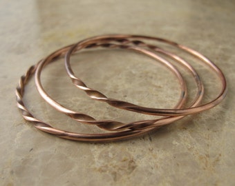 Twisted Bangles, Set of Three Copper Bangle Bracelets, Custom Made to Order