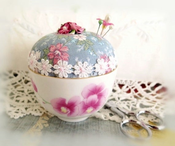 pincushion Teacup Cup,Handmade  vintage Tea  Soft Asian Vintage Floral Pincushion, tea  cup