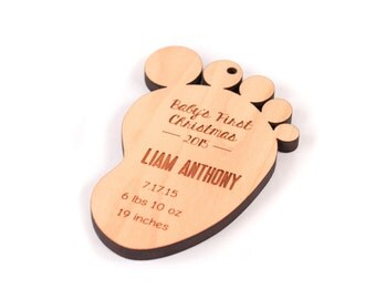 Baby's First Christmas ornament - personalized baby footprint, engraved newborn gift, homegrown organic finish