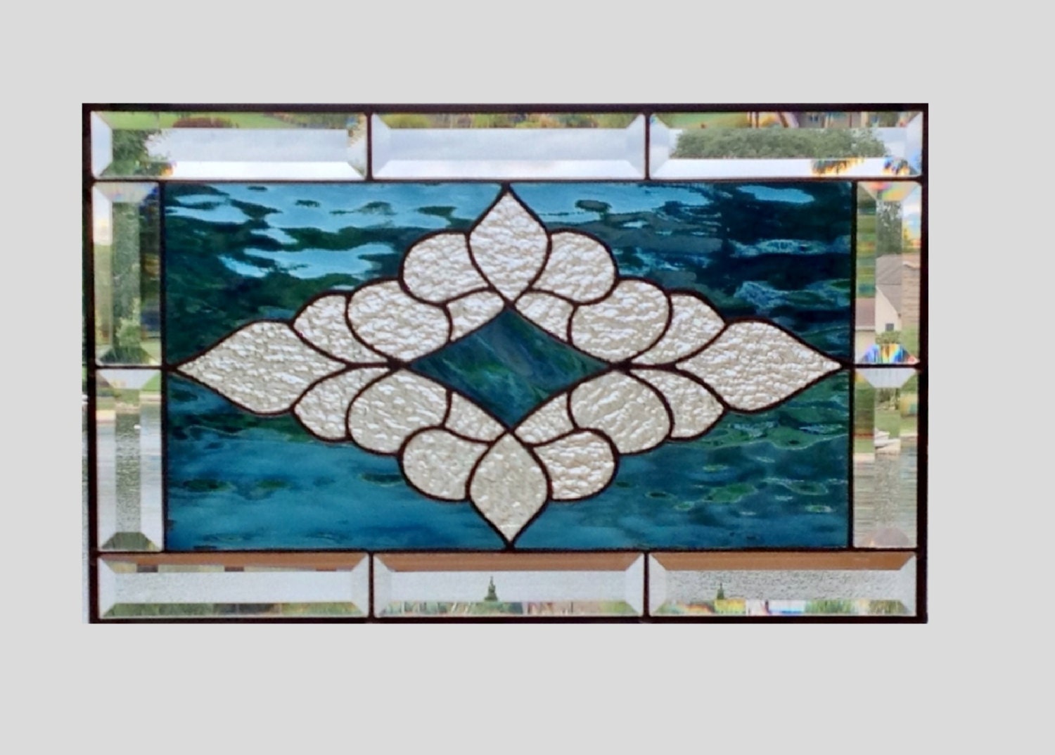 Beveled stained glass window panel steel blue stained glass