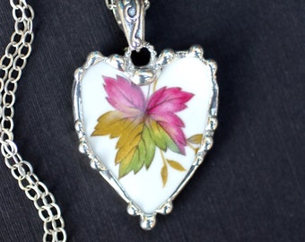 Necklace, Broken China Jewelry, Broken China Necklace, Heart Pendant, Fall Leaves, Sterling Silver, Soldered Jewelry