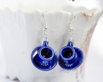 Delicate silver plated earrings with blue miniature teacups from porcelain tea set pieces, miniature cute shabby chic style tea pot earrings