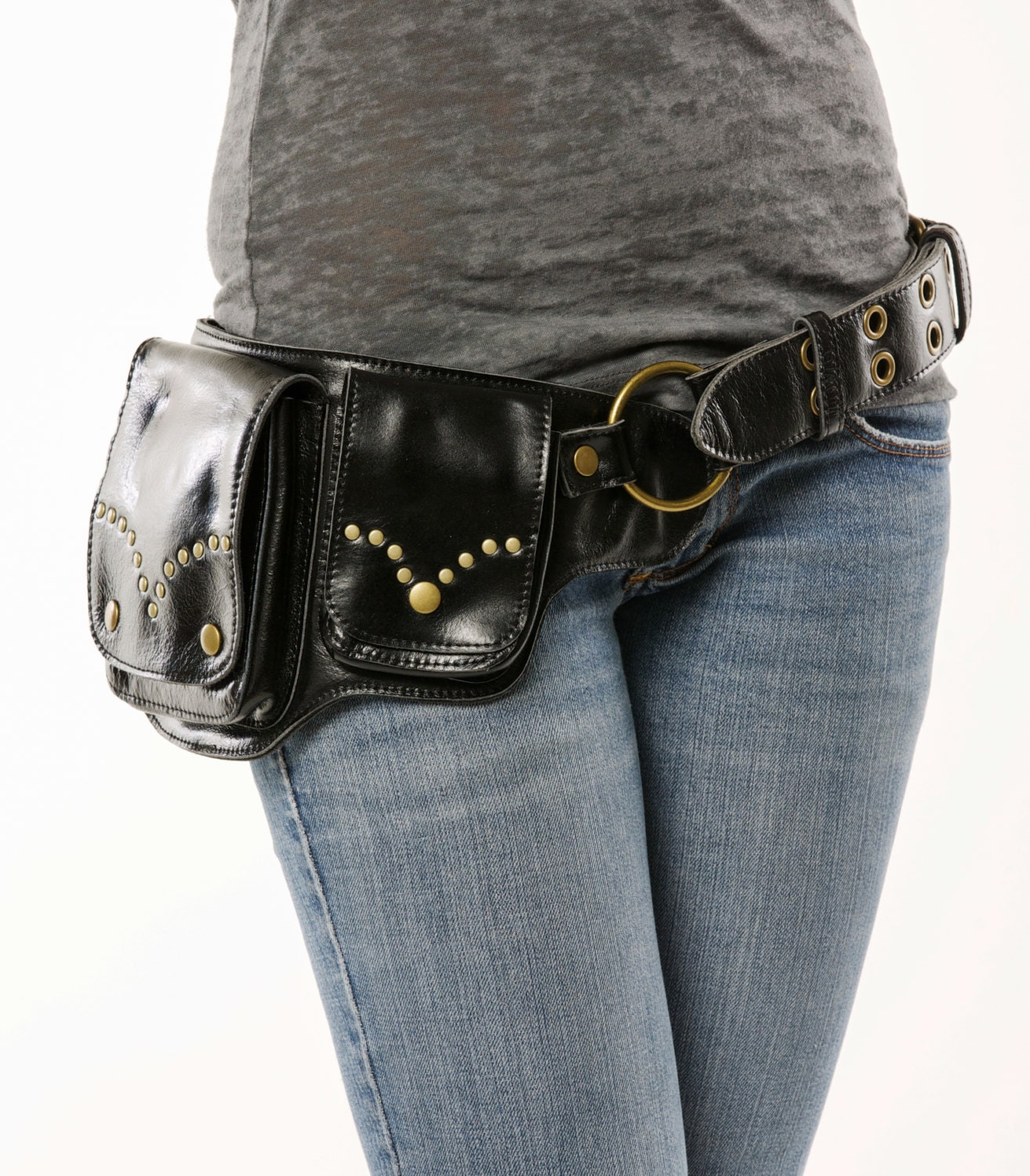 Hip Pack Riveted Design Leather Utility Belt Black