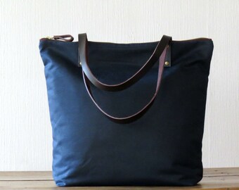 Waxed Canvas Bag Zip Tote Bag Navy Blue, Leather handles, Large Canvas Tote Shoulder Bag, Everyday Bag, Unisex Bag