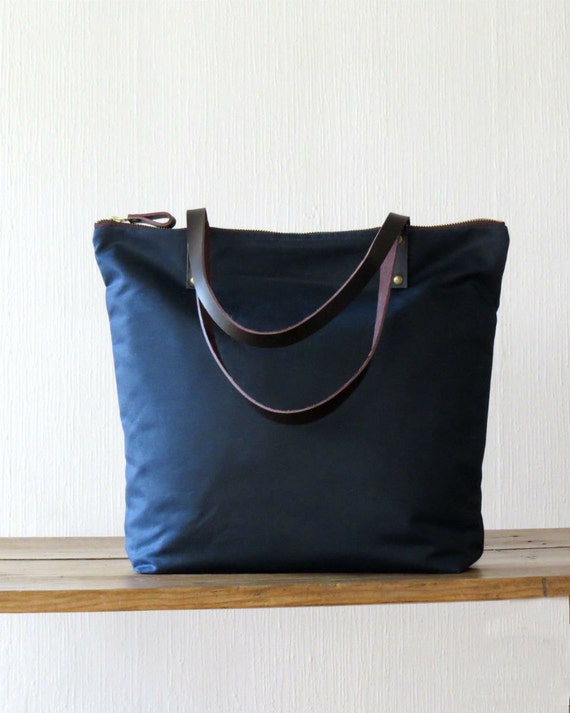 ANGELA Large Waxed Canvas Bag Zip Tote Bag Navy Blue Leather