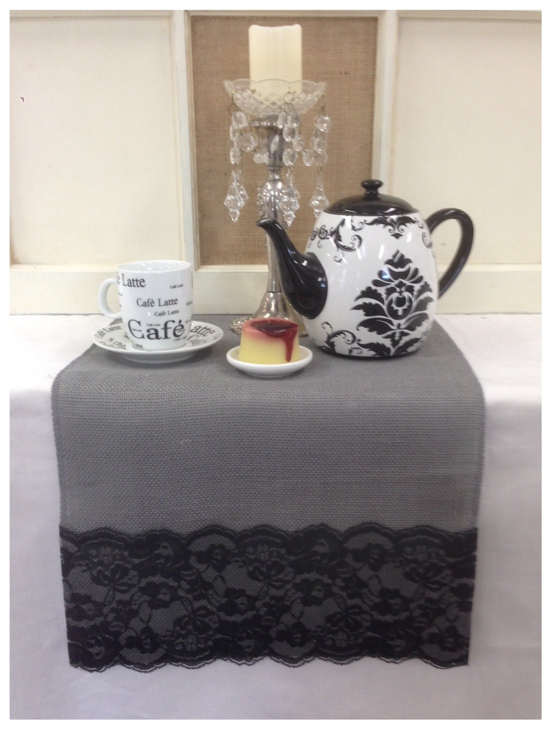 Grey Burlap & Lace Table Runner 12 or 14 wide