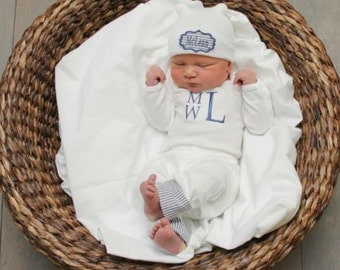 Newborn Boy Coming Home Outfit. Monogram Bodysuit. Pants with Seersucker cuff. Coming Home from Hospital. Newborn Baby Boy Outfit