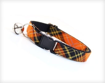 Fall Cat Collar - "Hocus Pocus" - Halloween Cat Collar / Orange & Black Plaid / Cat Collar Breakaway or Non-Breakaway / Cat + Kitten Sizes
