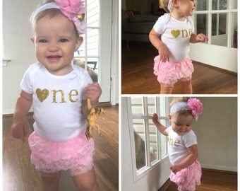 Pink and Gold First Birthday Outfit...First Birthday Girl Outfit...Baby Girl 1st Birthday Outfit...Gold Glitter Shirt...Pink and Gold Outfit