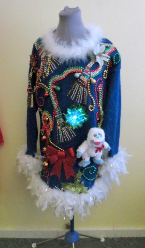 Glam Womens Beaded Tacky Ugly Christmas Sweater Mini Dress