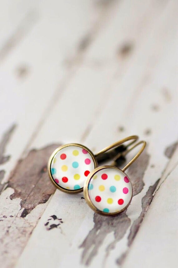 Polka Dot Lever Back Earrings - FREE POSTAGE WORLDWIDE - Drop Earrings - Rainbow - Bronze - Glass Earrings - Glass Gun Metal - Jewelry