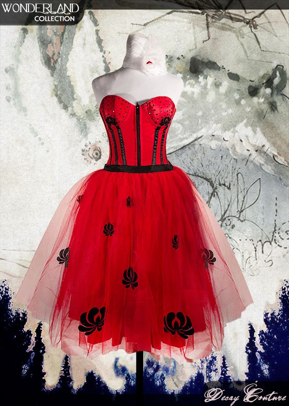 RED DAMASK Flowers prom dress tea lenght wedding red tulle