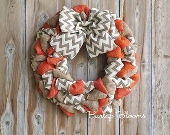 Chevron Fall Wreath, Autumn Wreath, Burlap Wreath, Rustic Wreath, Burlap Fall Wreath