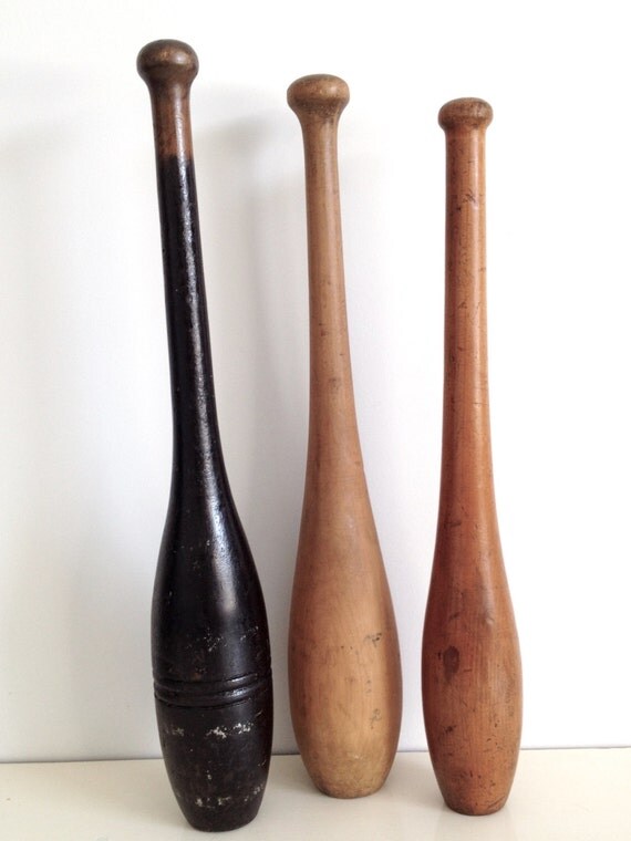 Three Vintage Wooden Juggling Pins Exercise Clubs by detteryan