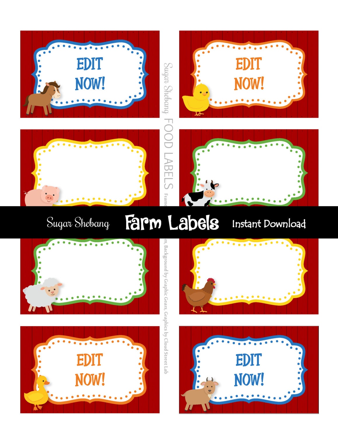 Farm Party Labels Farm Tent Cards Instantly Downloadable