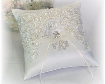 Ring Bearer Pillow Ivory with Silver Thread, Ivory Ring Bearer Pillow, Monogrammed Ring Bearer Pillow, Personalized Ring Bearer Pillow
