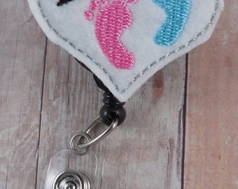 L&D (labor and delivery) badge reel -- heart with pink and blue feet -- great thank you gift