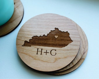 Personalized Wood Coaster Set of 4, Engagement Gift, Kentucky State Love (OR ANY STATE) With Heart Over City, Wedding Favor, Wedding Gift