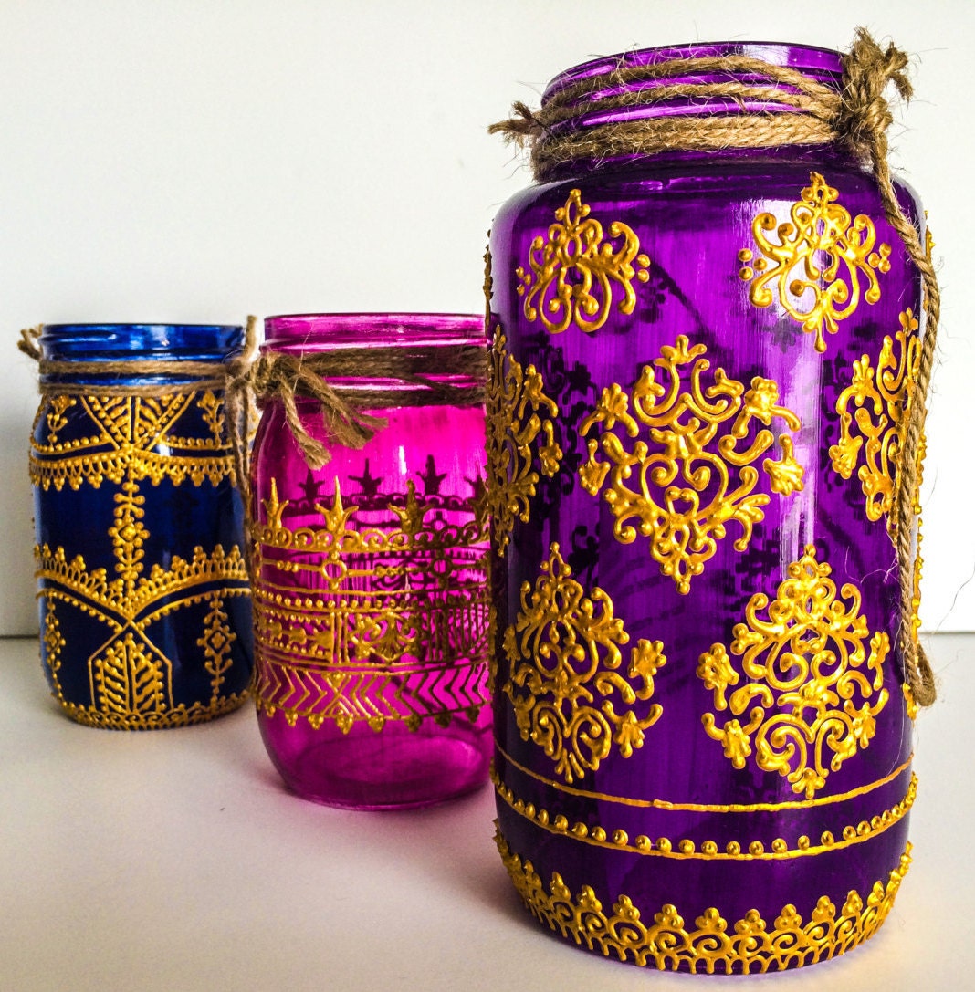 Luck and Abundance 16oz Hand Painted Indian Henna Mason Jar