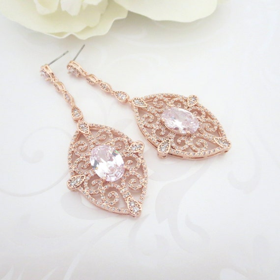 Long Rose Gold Earrings Rose Gold Bridal earrings Crystal