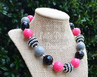 Pink Grey & Black Bubblegum Necklace, Chunky Necklace, Statement Necklace, Children's Necklace, Girl's Necklace, Chunky Bead Necklace, BN22