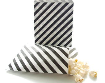 Black Goodie Bags, Treat Bags, Mini Wedding Favor Bags, Black Paper Bags, 25 Pack - Black Striped Party Bags