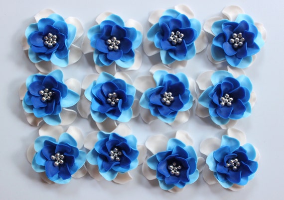 Fondant Flowers 12pcs Cupcake Toppers Vintage Ivory Royal Blue Fondant Flowers 12pcs Cupcake Toppers Vintage Ivory Royal Blue