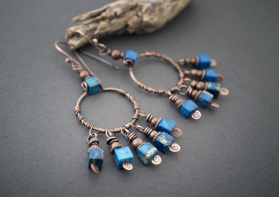 tribal copper hoop earrings blue Jasper square bohemian
