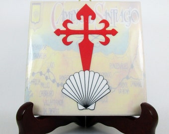 Camino de Santiago symbols seashell and St James Cross ceramic tile collectible memorabilia catholic gift religious Way of St. James