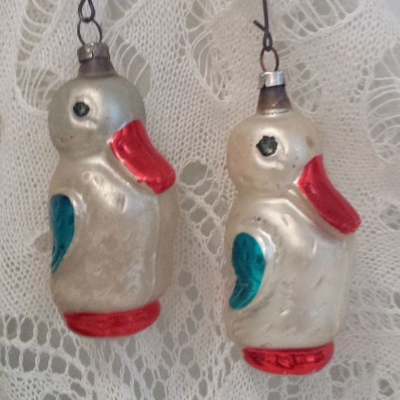 2 Mercury Glass Duck Christmas Tree Ornaments Glass Bird Red