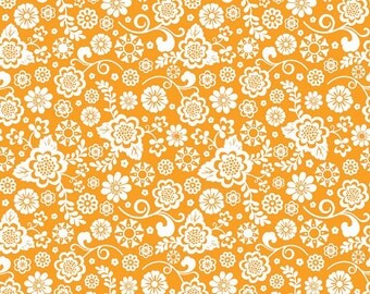 Orange Floral Fabric, Riley Blake Fabric, Fancy Free C4065 Fancy Floral Orange, Lori Whitlock, Orange & White Flower Fabric, Cotton